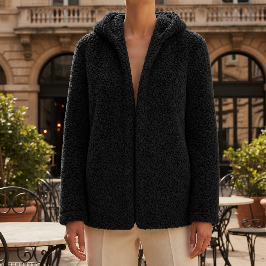 Menton Hooded Teddy Fleece Jacket in Black