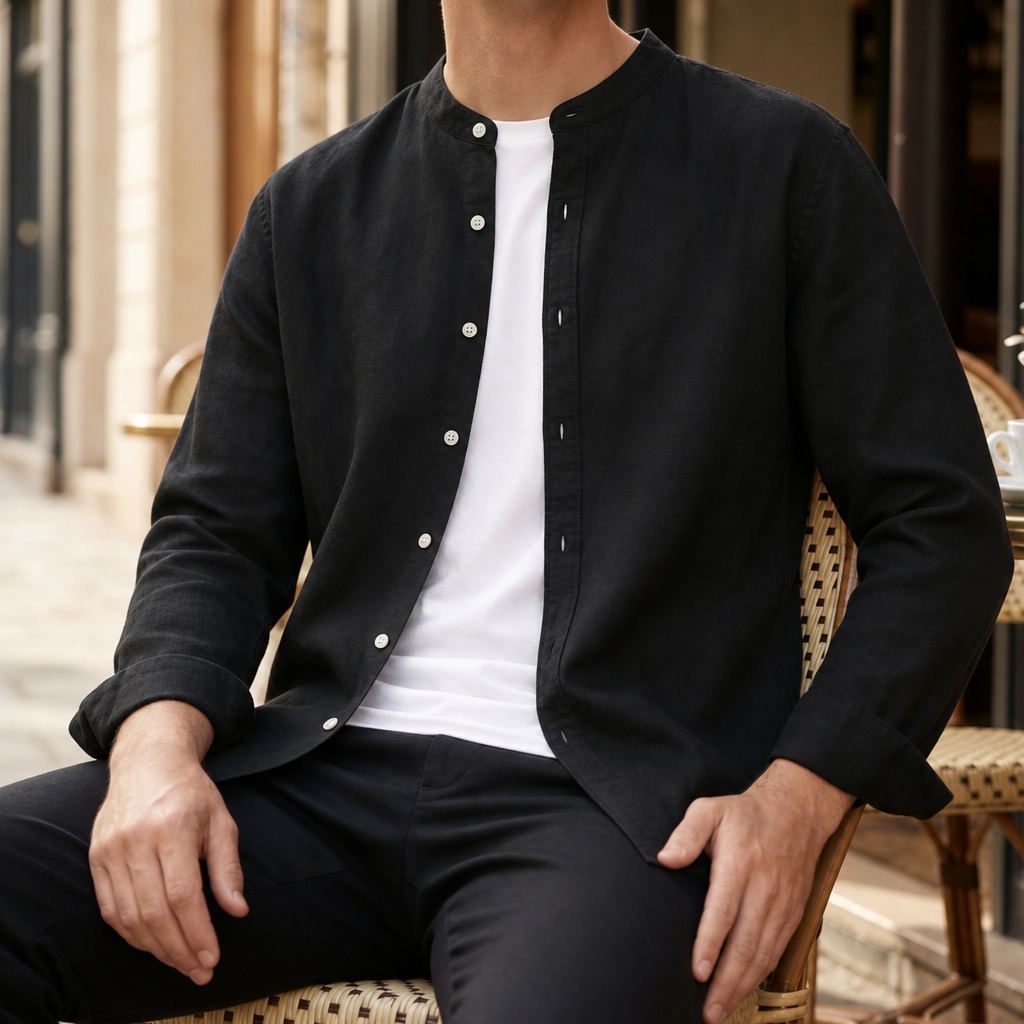Sesimbra Linen Band Collar Shirt in Black
