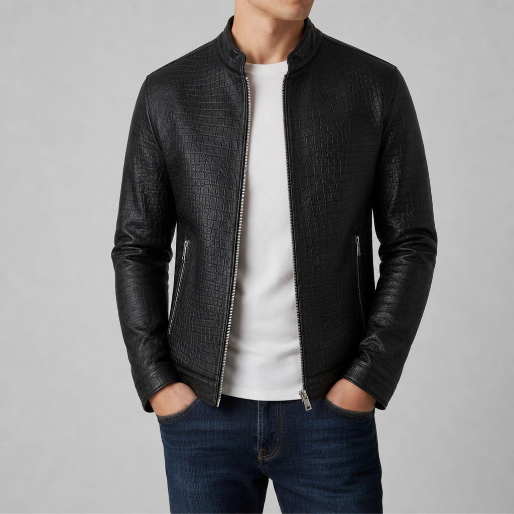 Ajaccio Croc Embossed Leather Jacket in Black