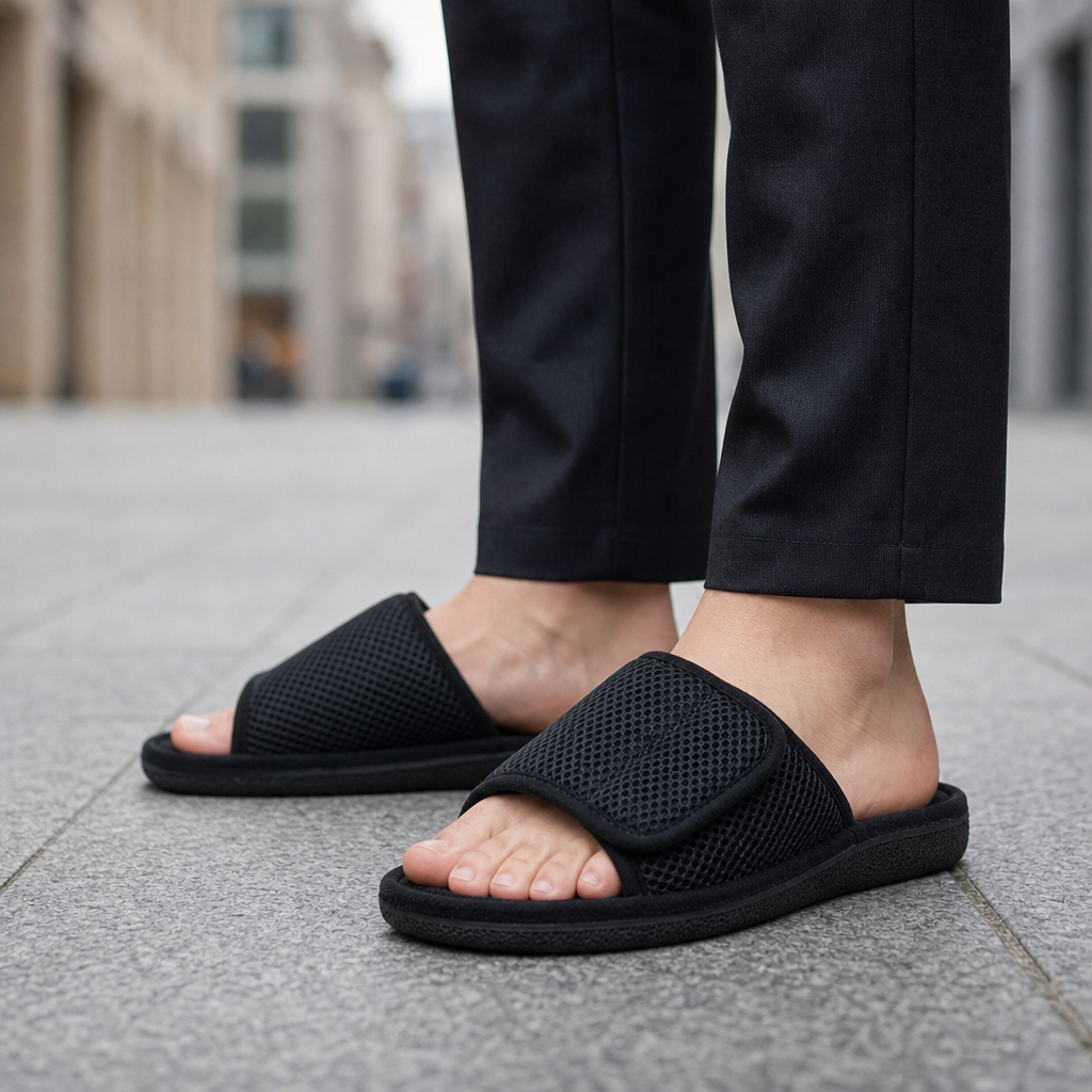 Evora Adjustable Mesh Slide Slippers in Black
