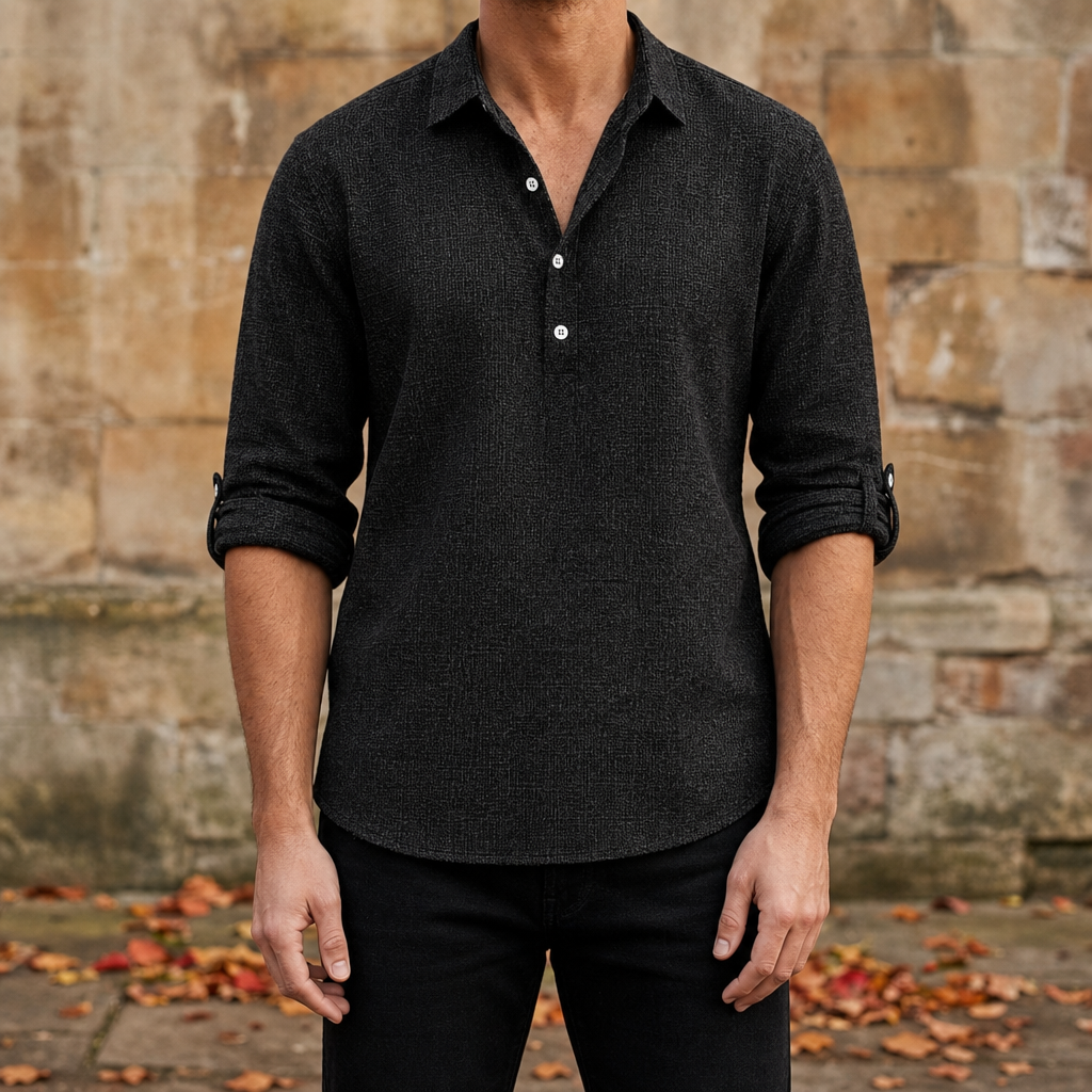 Vieste Linen Henley Shirt in Black