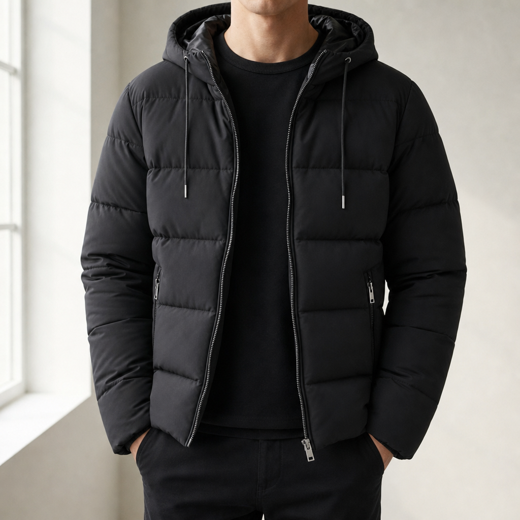 Serifos Hooded Quilted Puffer Jacket in Black