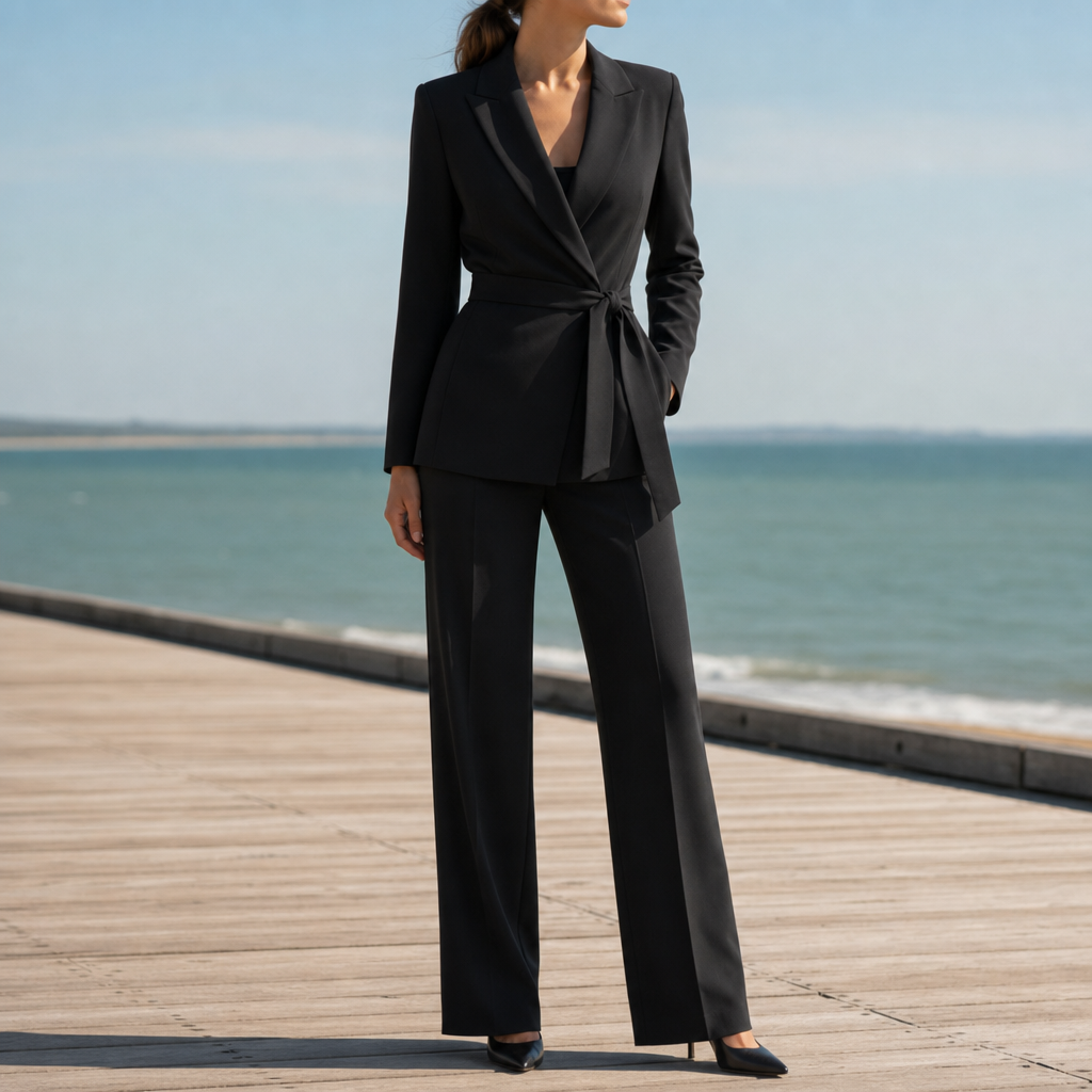 Roquebrune Belted Blazer Trouser Set in Black