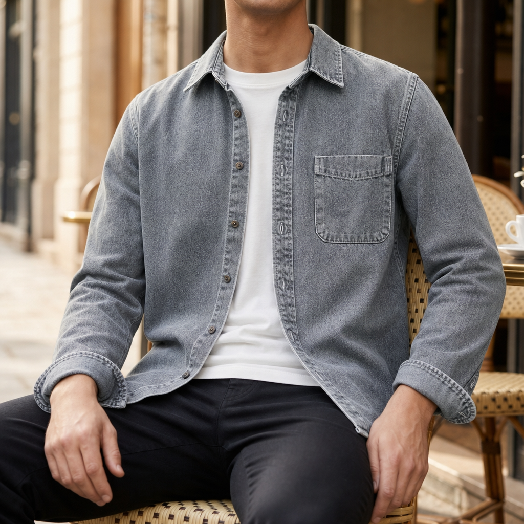 Folegandros Vintage Washed Denim Shirt in Gray