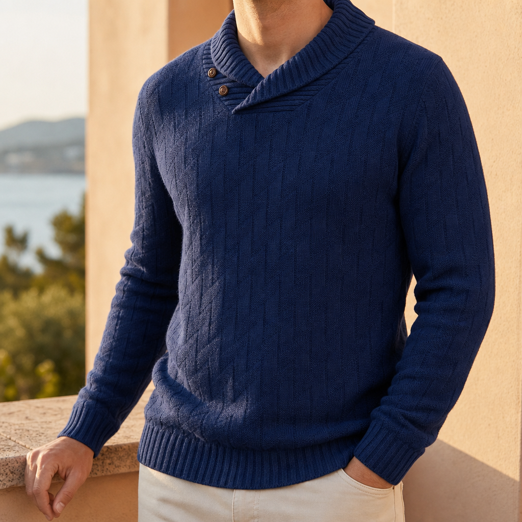Guimaraes Shawl Collar Knit Sweater in Blue