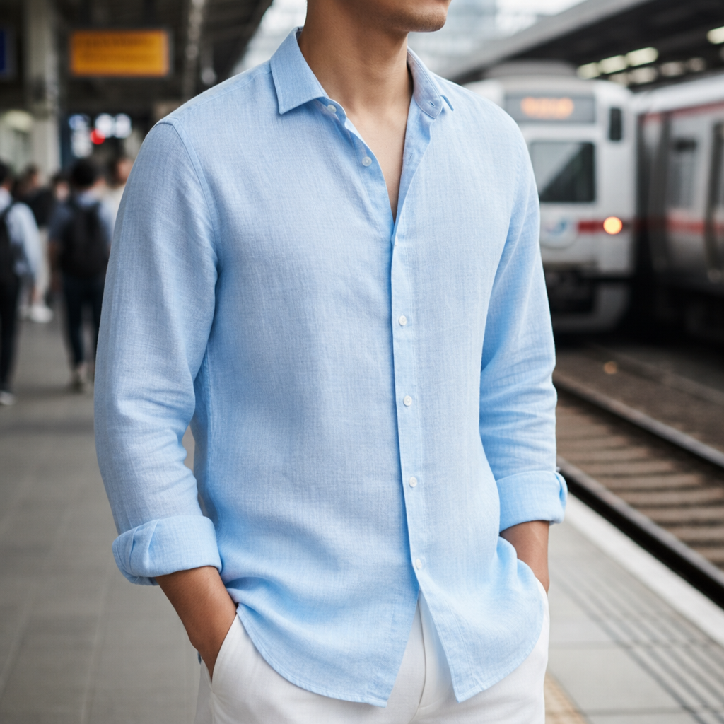 Tossa Linen Button-Up Shirt in Blue