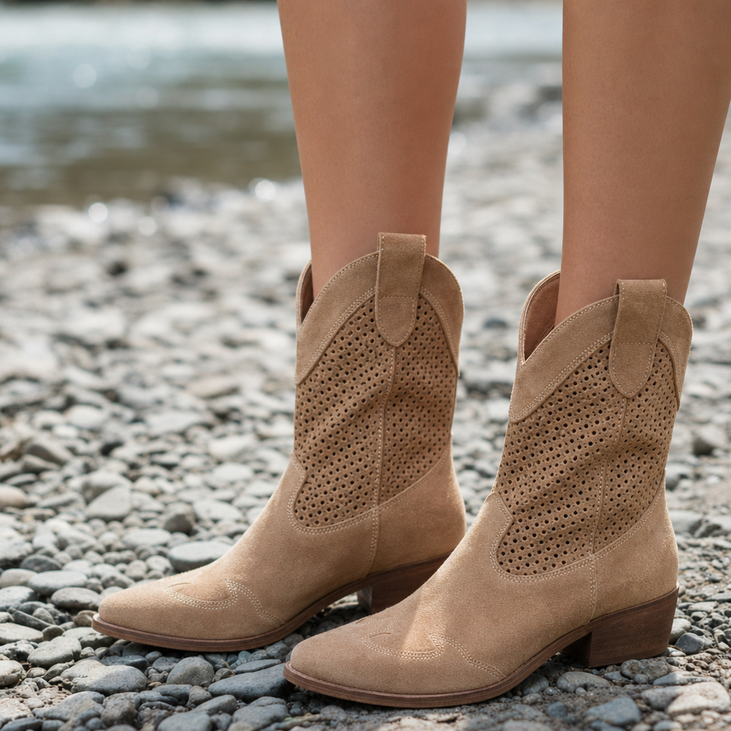 Tinos Perforated Western Boots in Brown