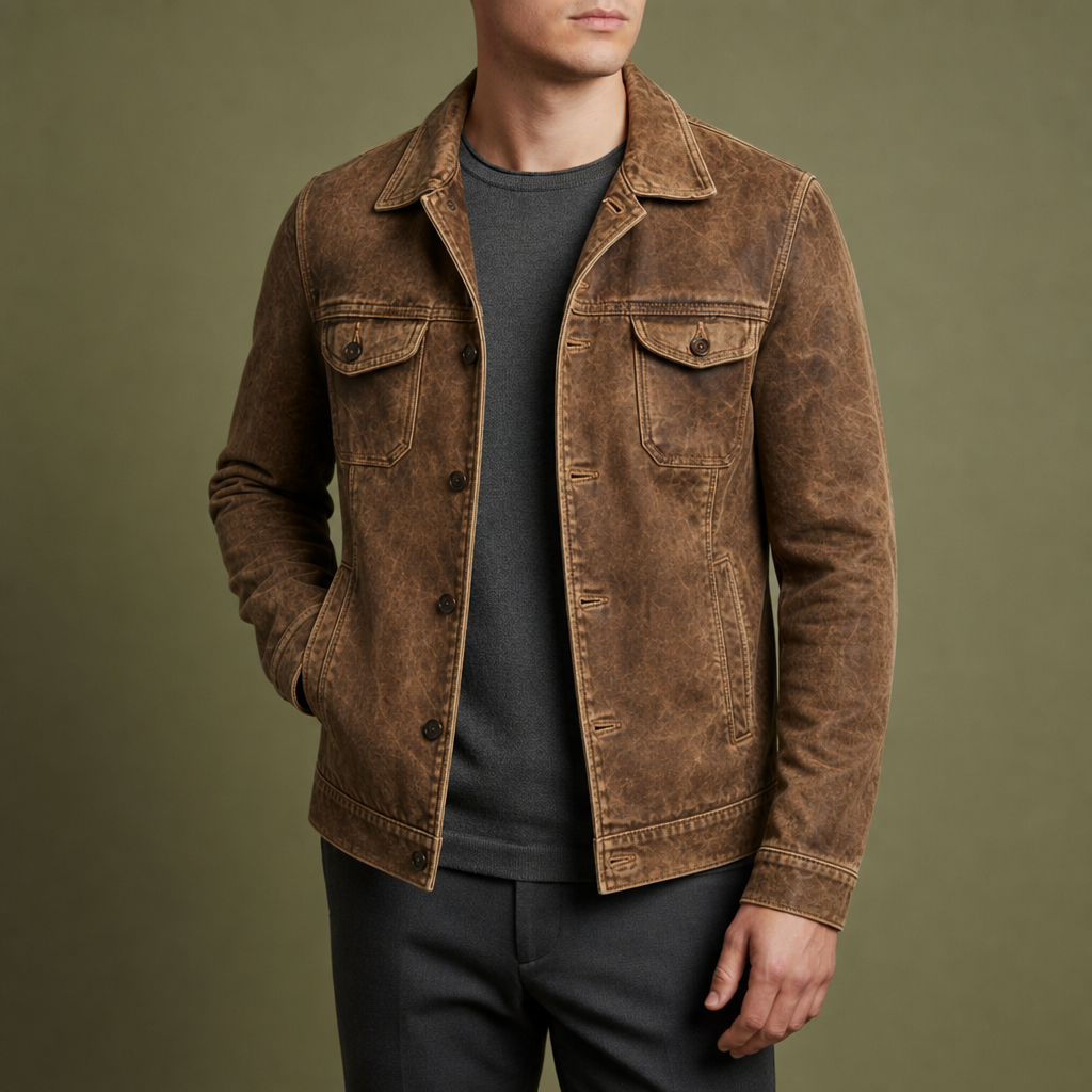 Mljet Vintage Washed Denim Jacket in Brown