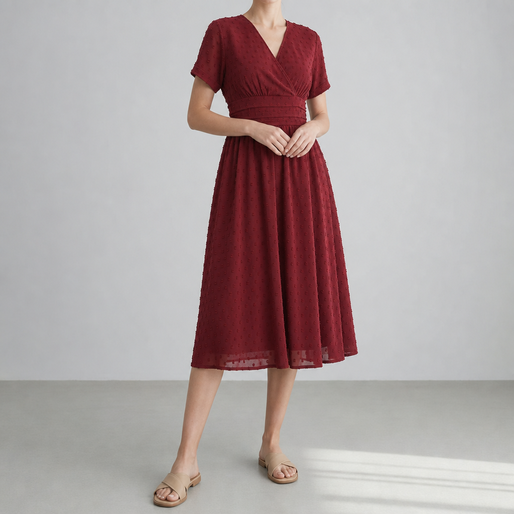 Peniscola Swiss Dot Wrap Midi Dress in Burgundy