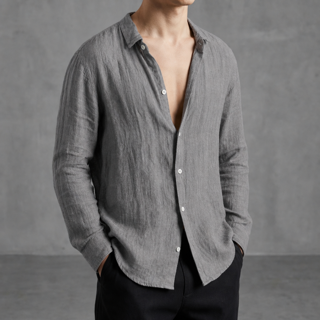 Merida Linen Open-Collar Shirt in Gray