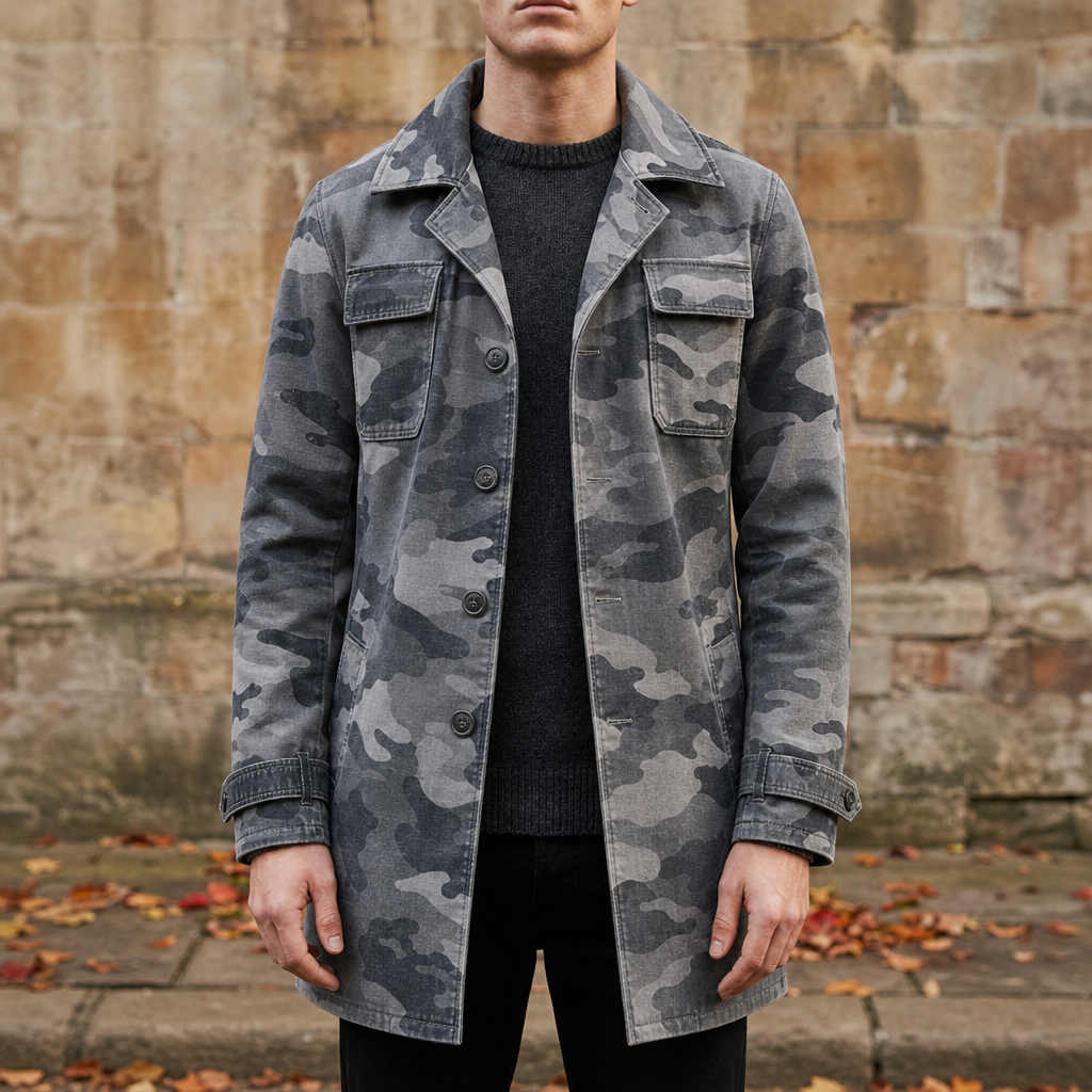 Formentera Camo Cargo Trench Coat in Gray
