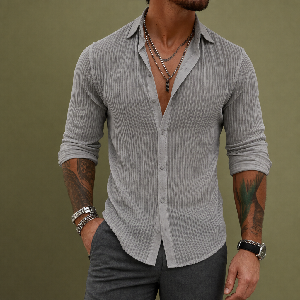 Caceres Striped Lapel Shirt in Gray