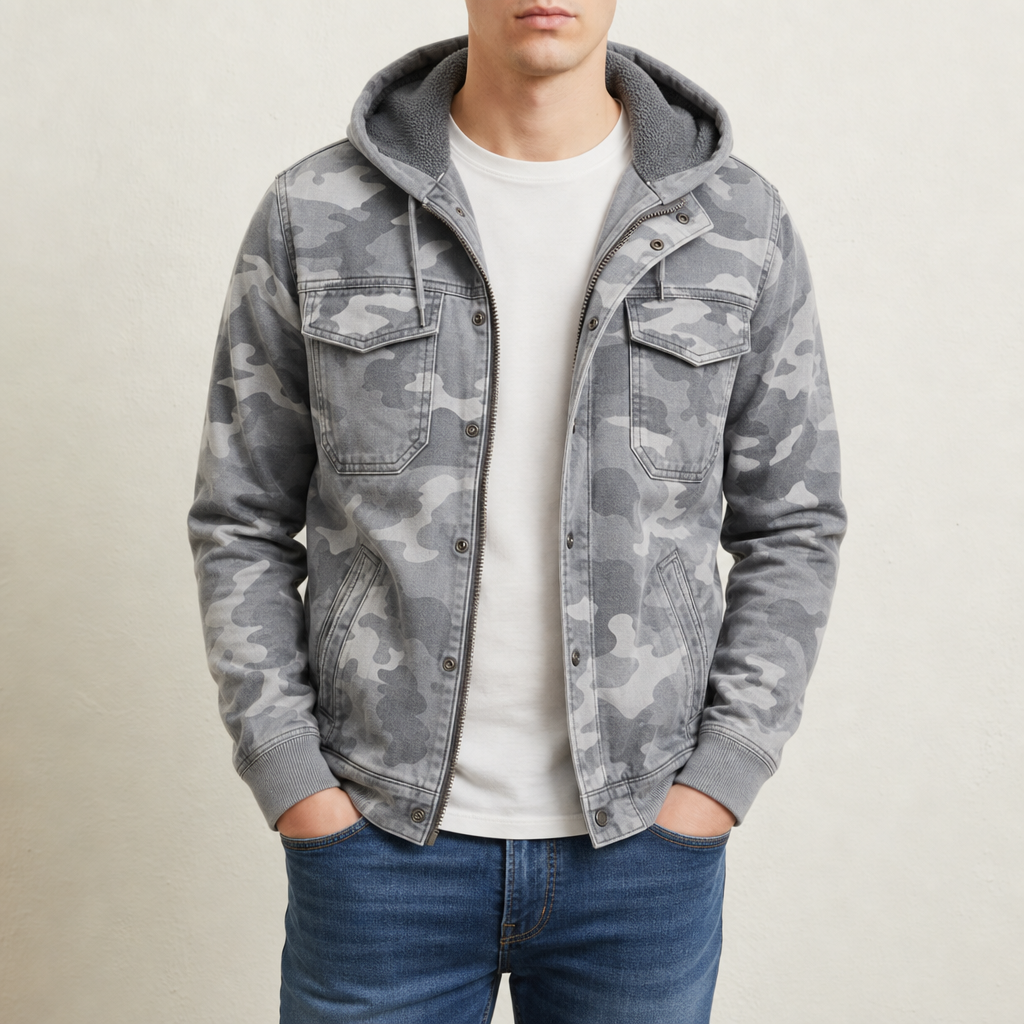 Gozo Camo Hooded Cargo Jacket in Gray
