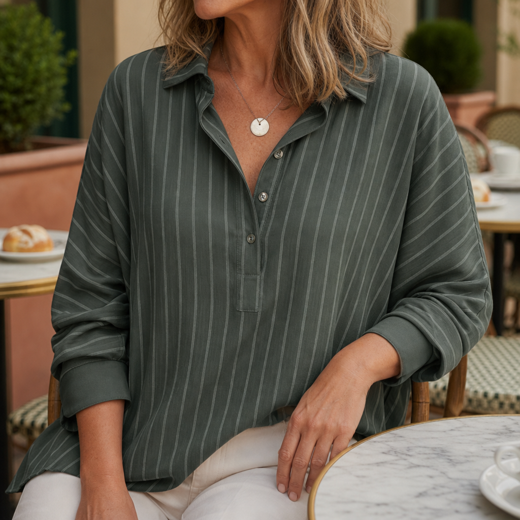 Folegandros Striped Button-Up Blouse in Olive Green
