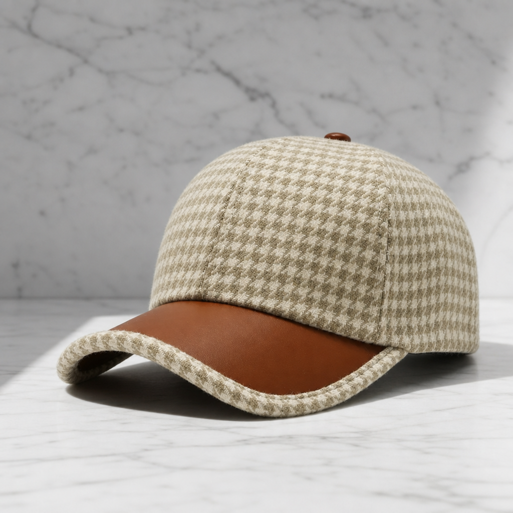 Syros Houndstooth Leather Cap in Khaki