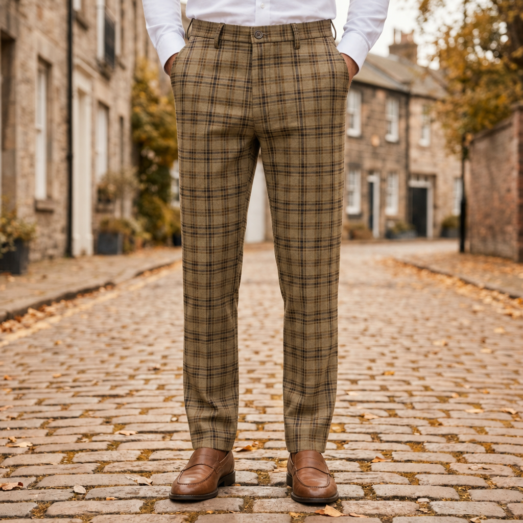 Volterra Slim Plaid Trousers in Khaki