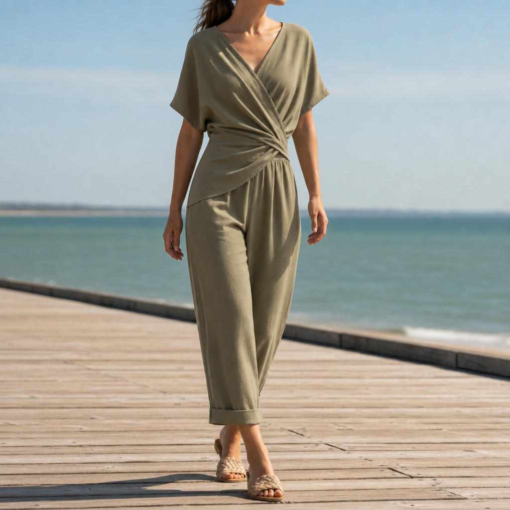 Vieste Wrap Front Jumpsuit in Khaki