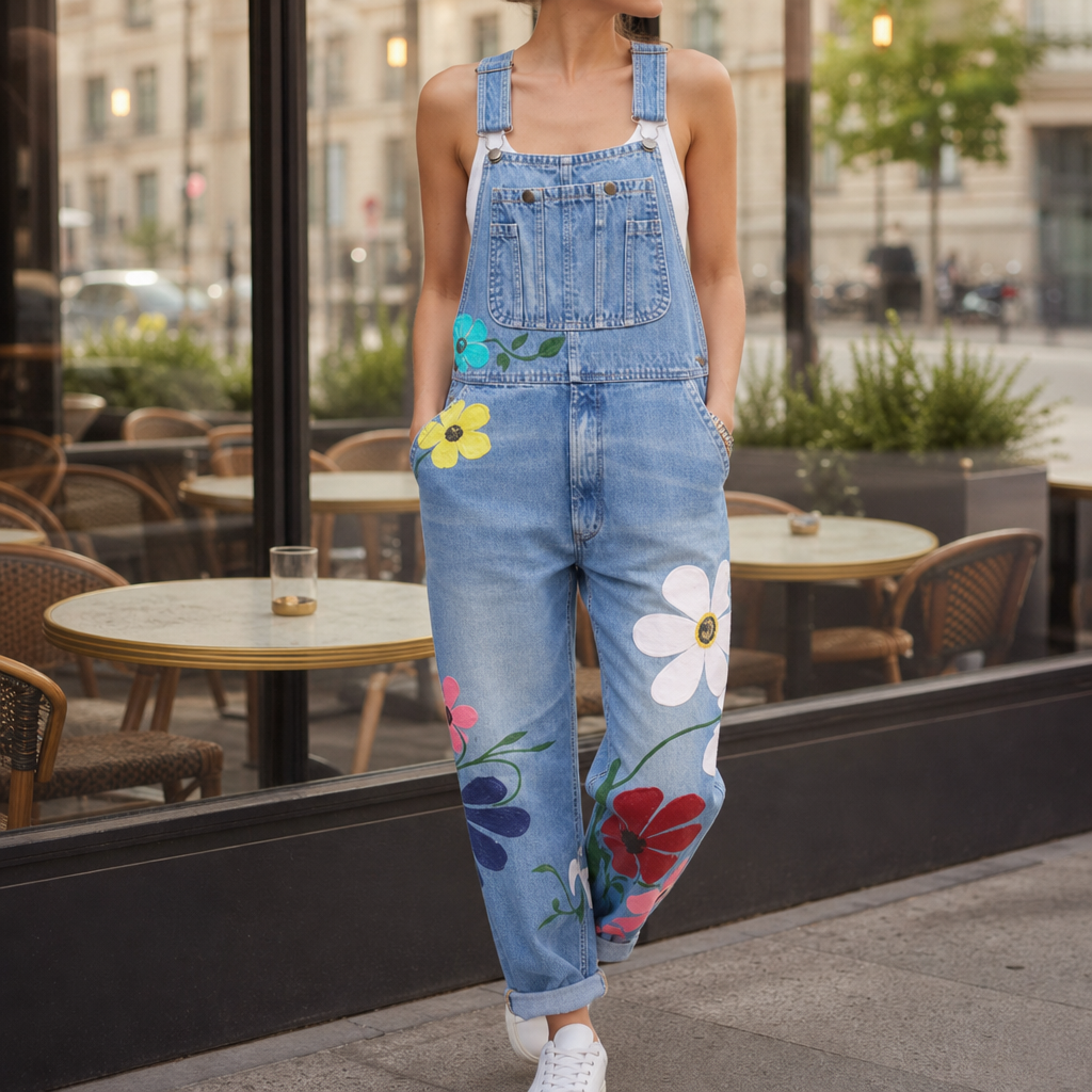 Birgu Floral Denim Overalls in Light Blue