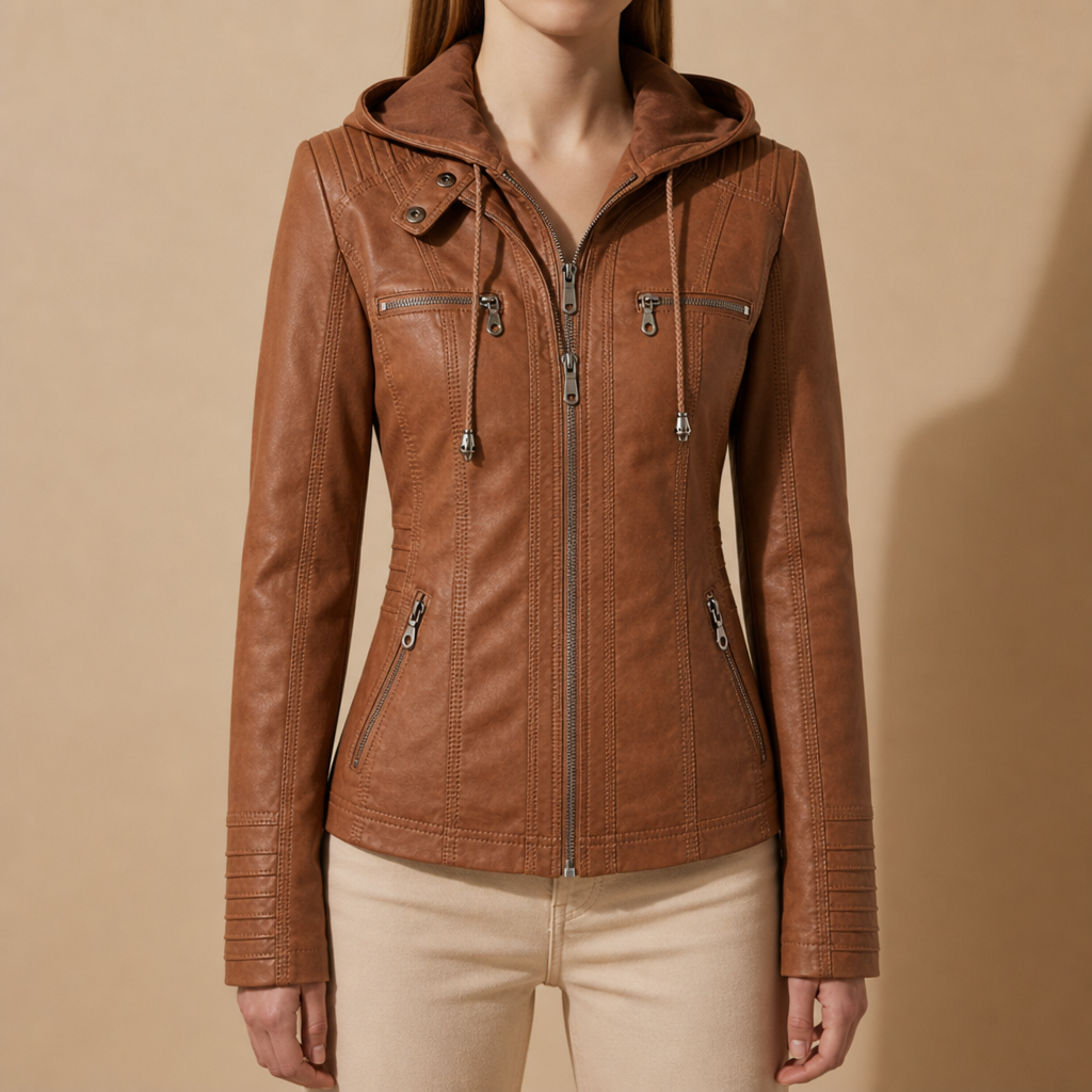 Trogir Hooded Faux Leather Jacket in Cognac Brown