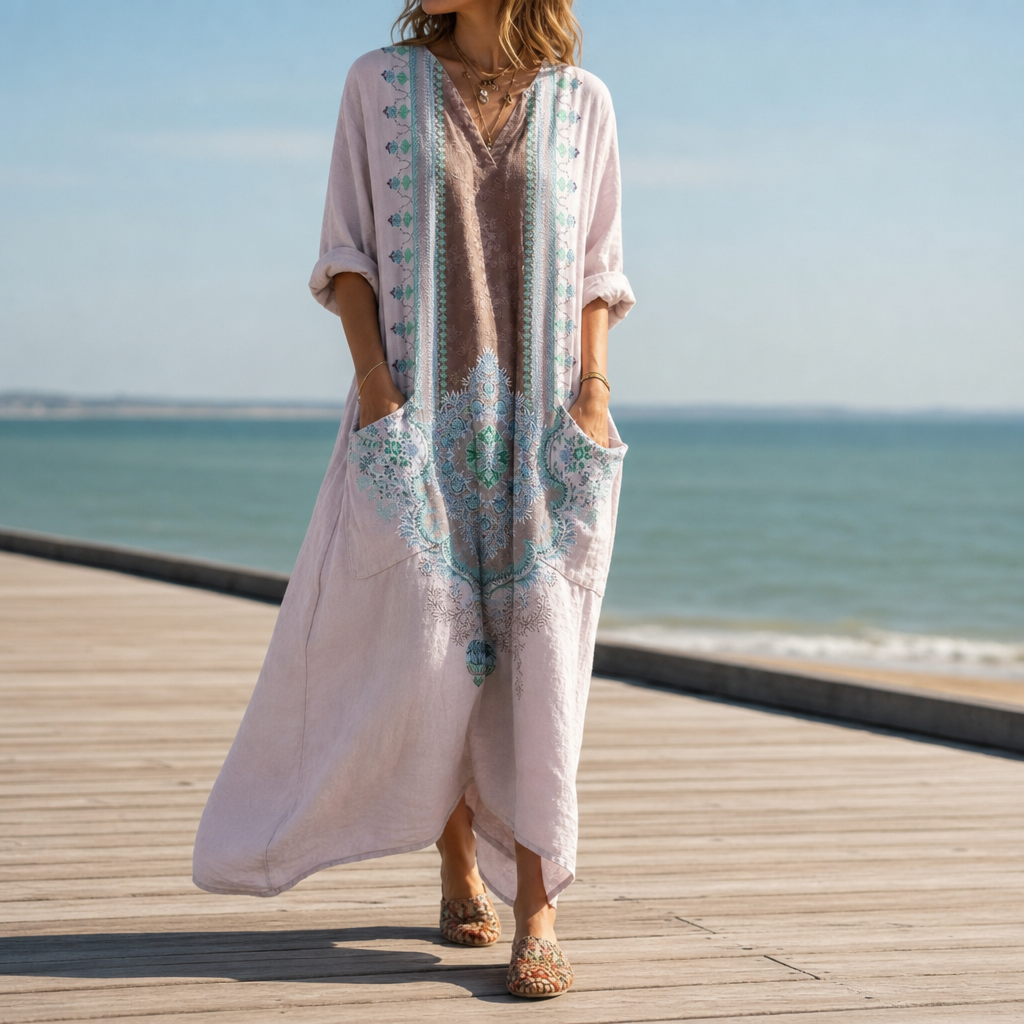Comporta Boho Print Maxi Dress in Light Pink
