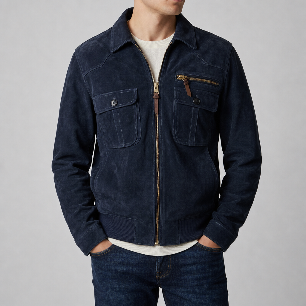 Gijon Retro Suede Bomber Jacket in Navy Blue