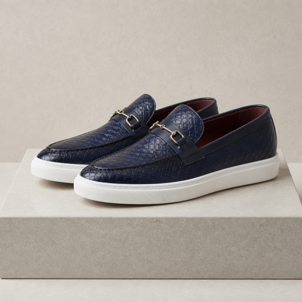 Arles Croc Embossed Loafers in Navy Blue