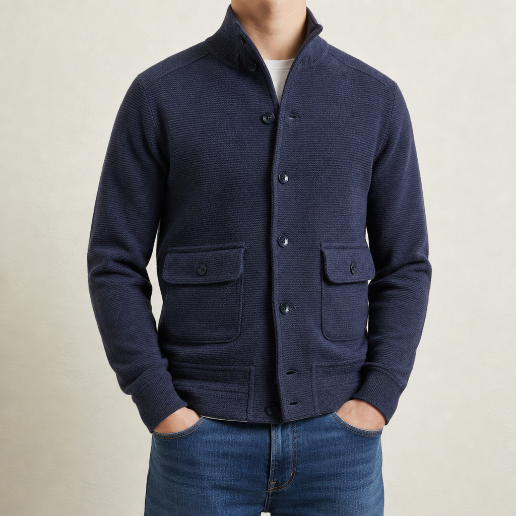 Antequera Stand Collar Knit Jacket in Navy