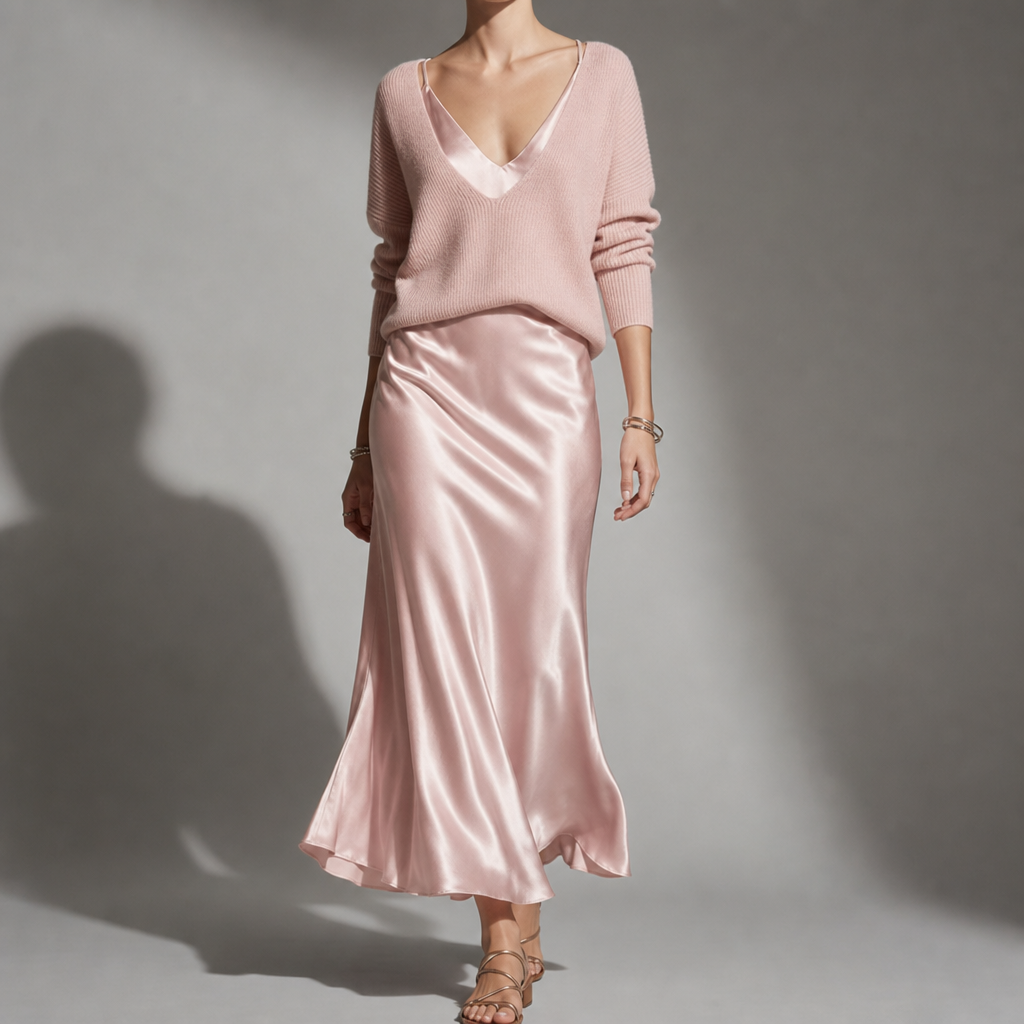 Tarifa Satin Skirt Sweater Set in Baby Pink