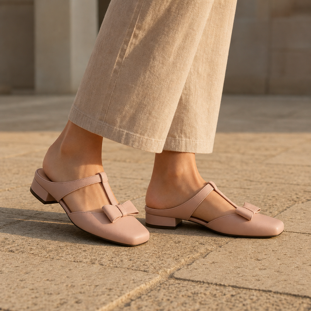 Collioure Bow T-Strap Mules in Pink