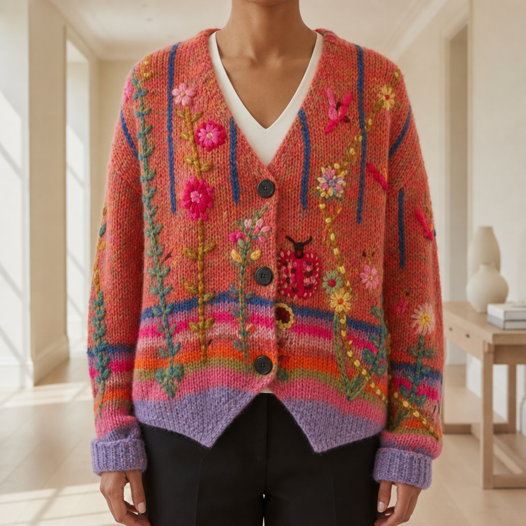 Trani Floral Embroidered Cardigan in Red