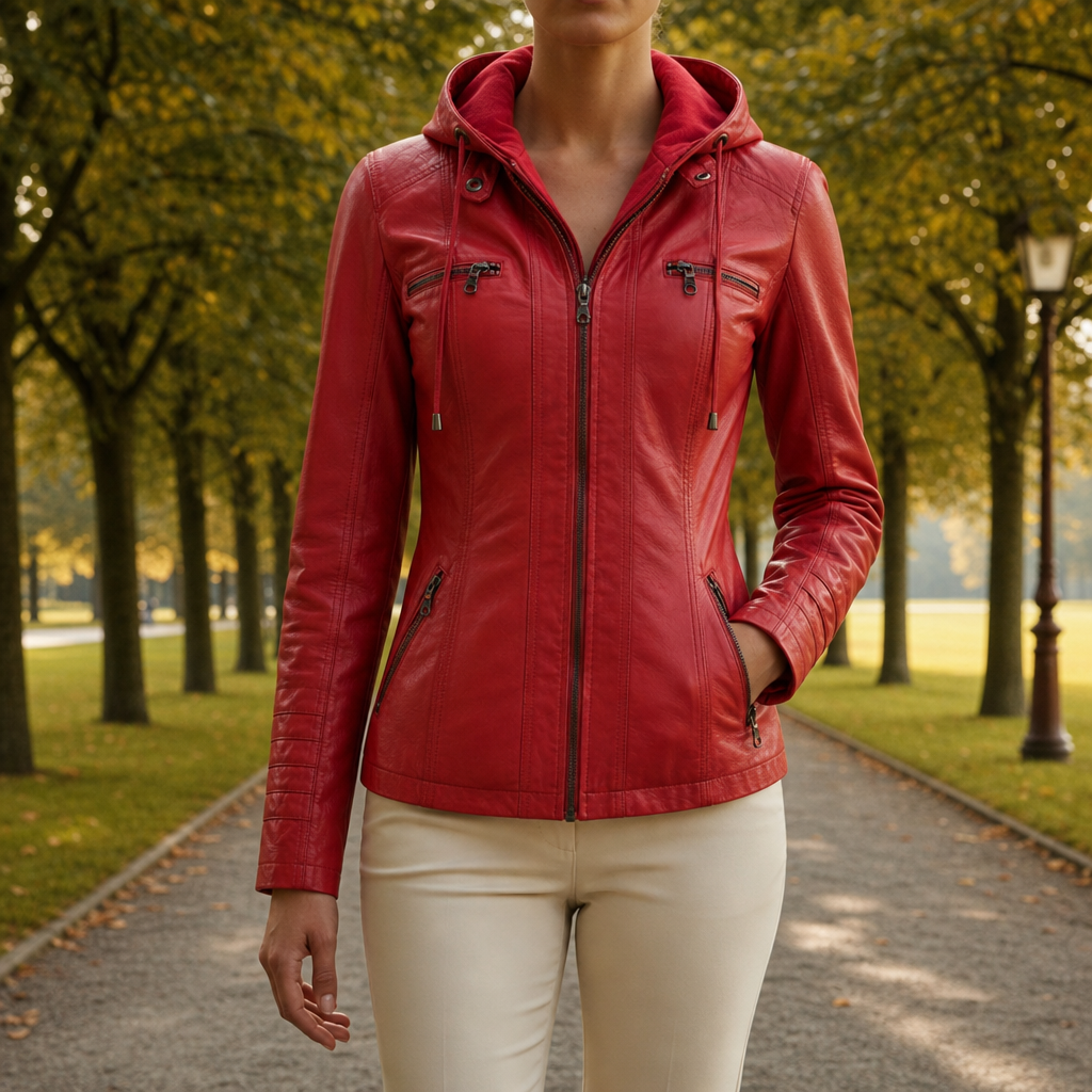 Kyrenia Hooded Moto Leather Jacket in Red