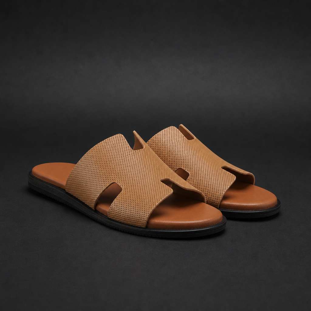 Treviso Perforated H-Strap Slides in Tan