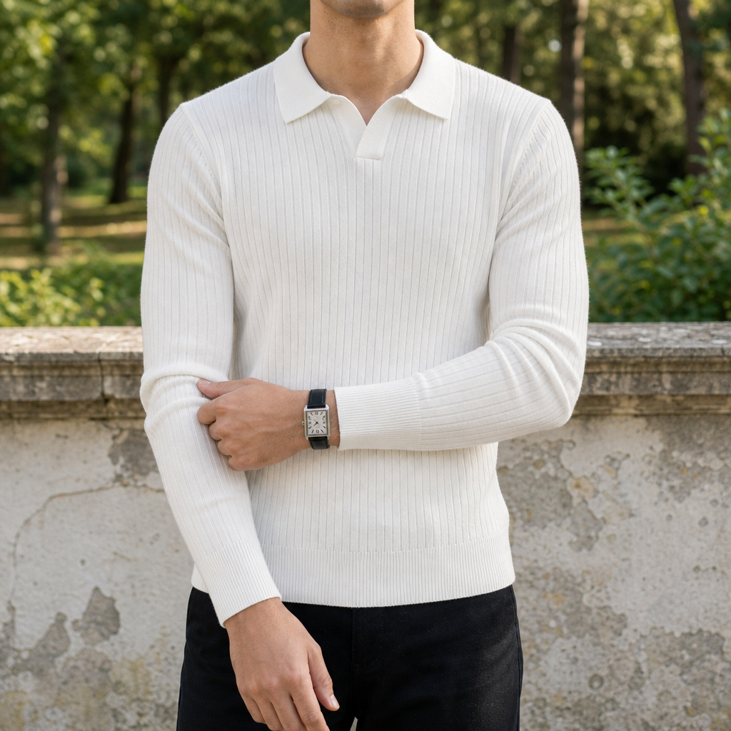 Caceres Ribbed Knit Polo in White