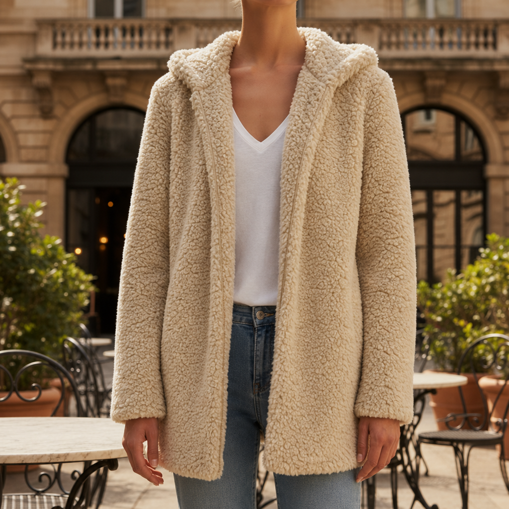 Menton Hooded Teddy Fleece Jacket in Beige