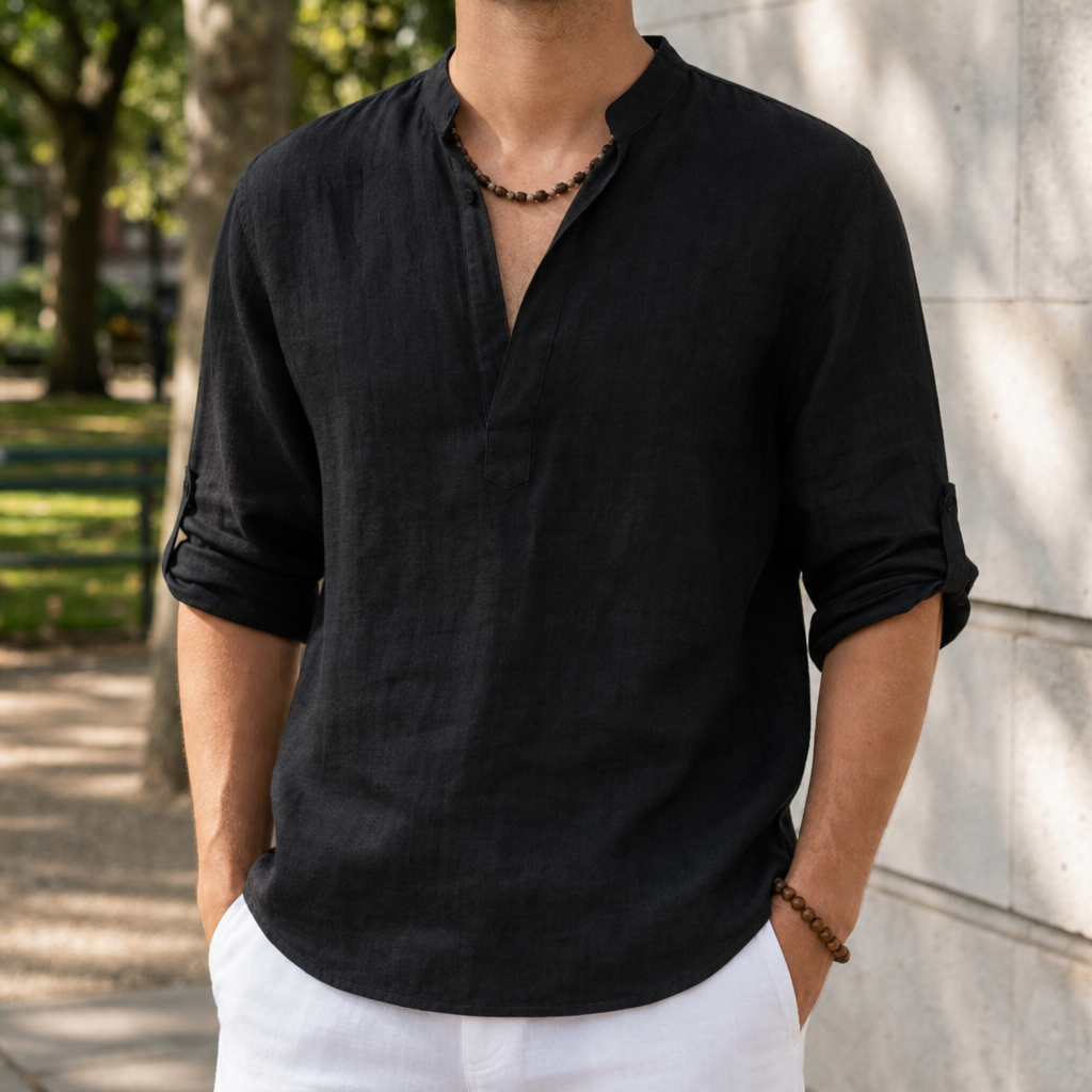 Begur Linen Henley Shirt in Black