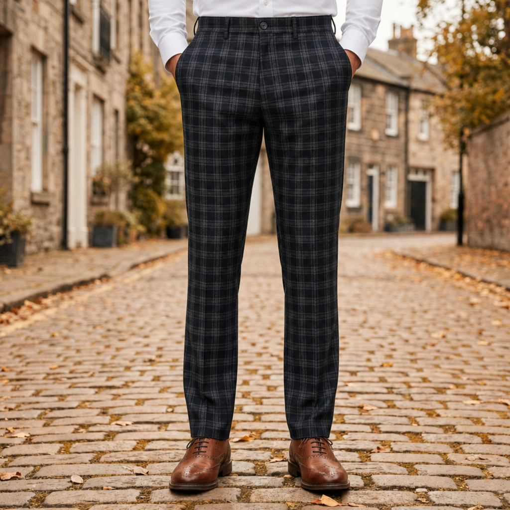 Volterra Slim Plaid Trousers in Black