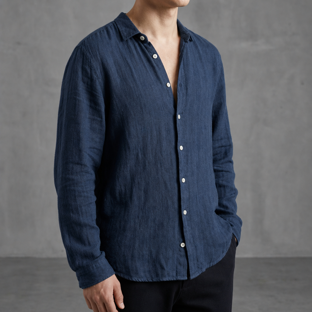 Merida Linen Open-Collar Shirt in Blue