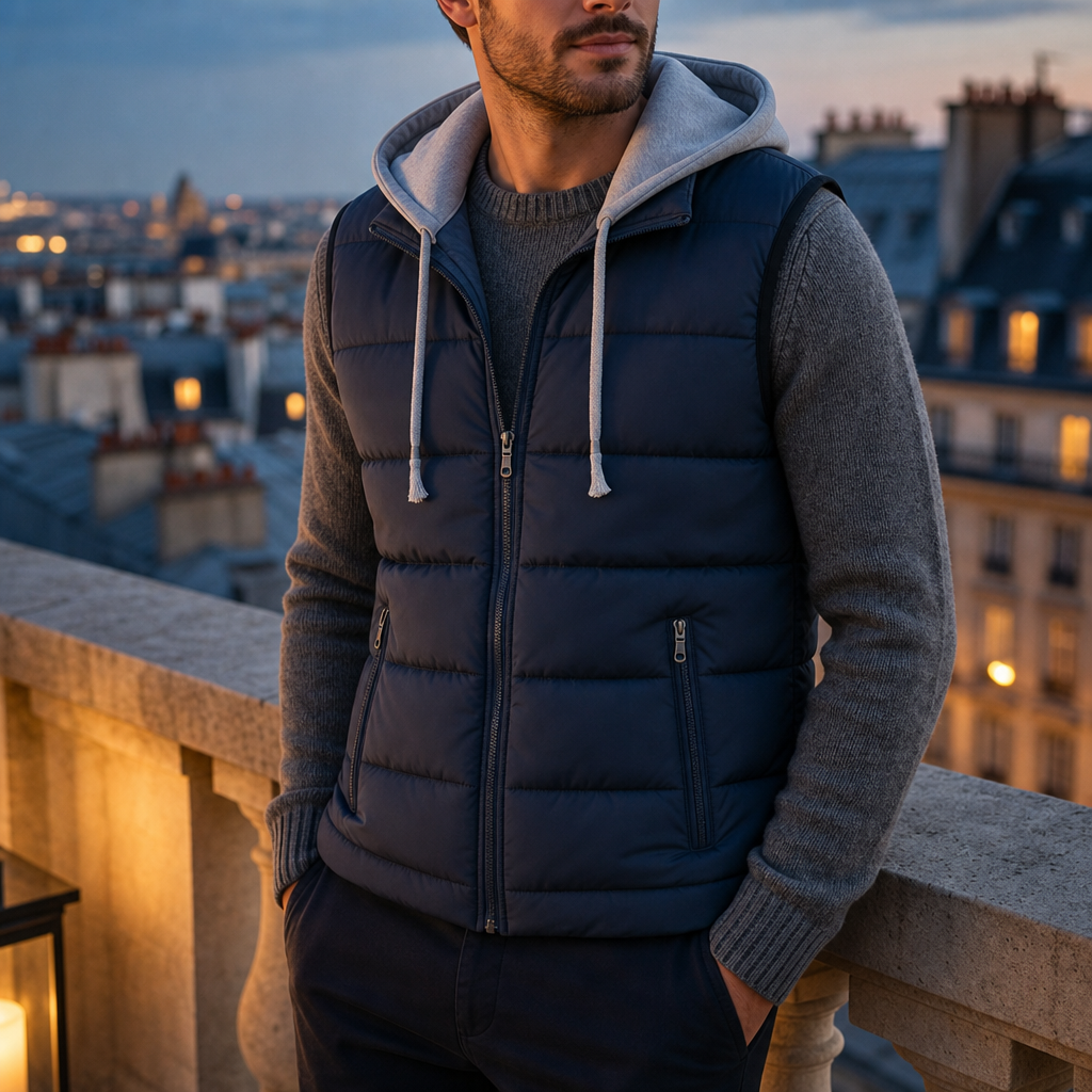 Girona Quilted Hooded Vest in Navy Blue
