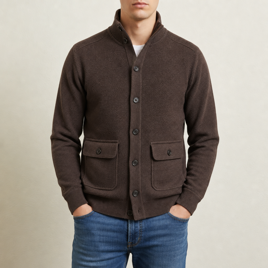 Antequera Stand Collar Knit Jacket in Brown