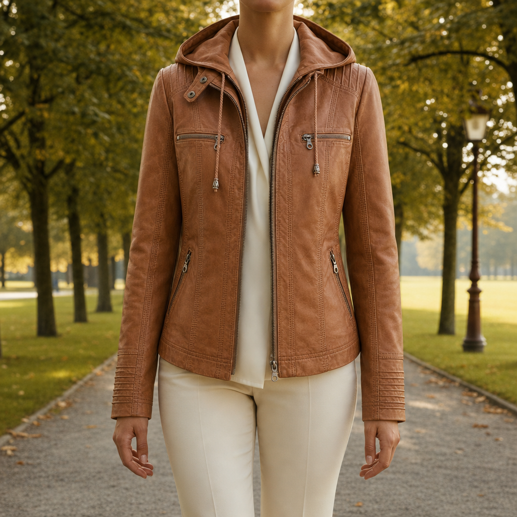 Kyrenia Hooded Moto Leather Jacket in Brown