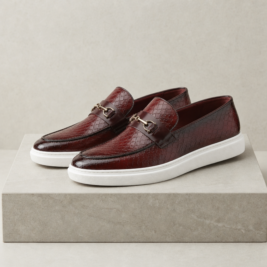 Arles Croc Embossed Loafers in Cherry Brown