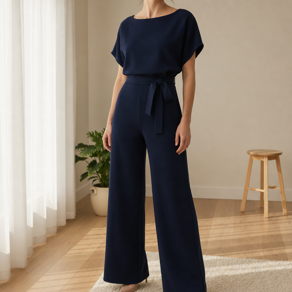 Antibes Belted Batwing Jumpsuit in Navy Blue