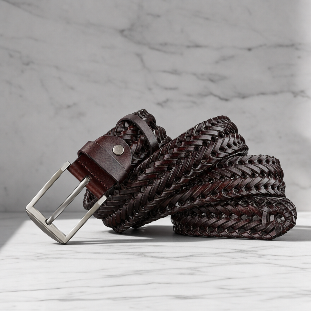 Polignano Braided Leather Belt in Dark Brown