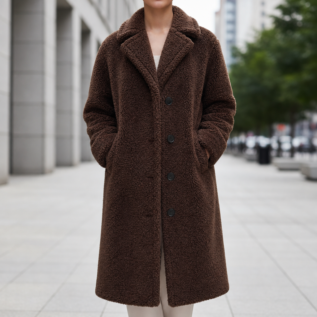 Eze Oversized Teddy Long Coat in Dark Brown