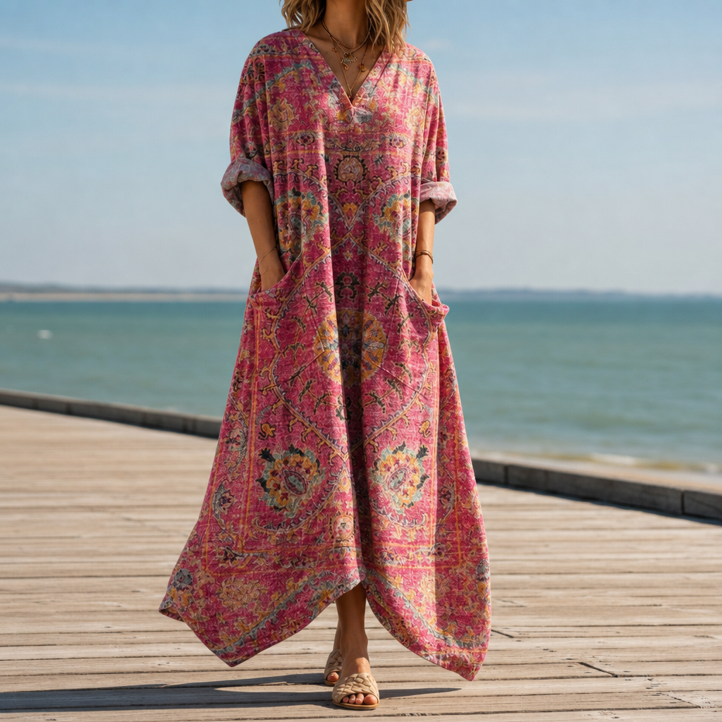 Comporta Boho Print Maxi Dress in Dark Pink
