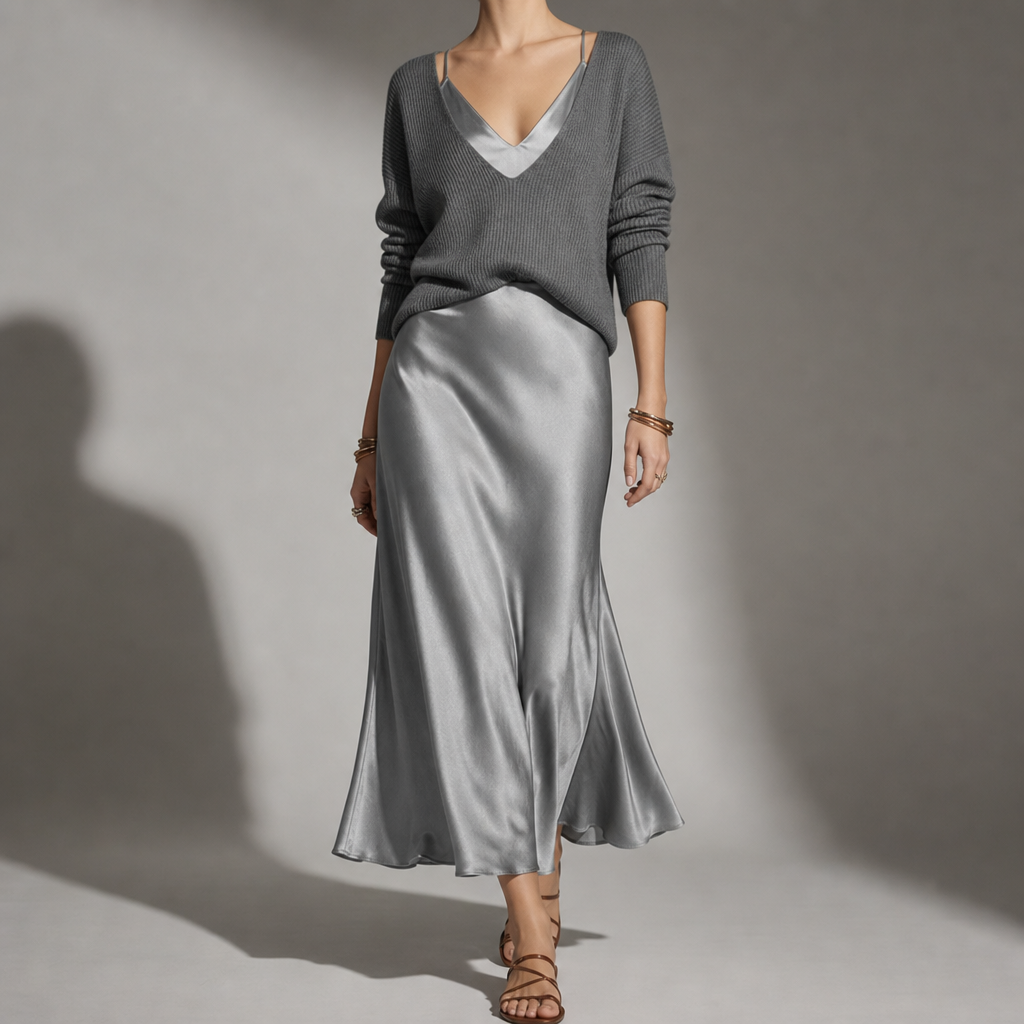 Tarifa Satin Skirt Sweater Set in Gray