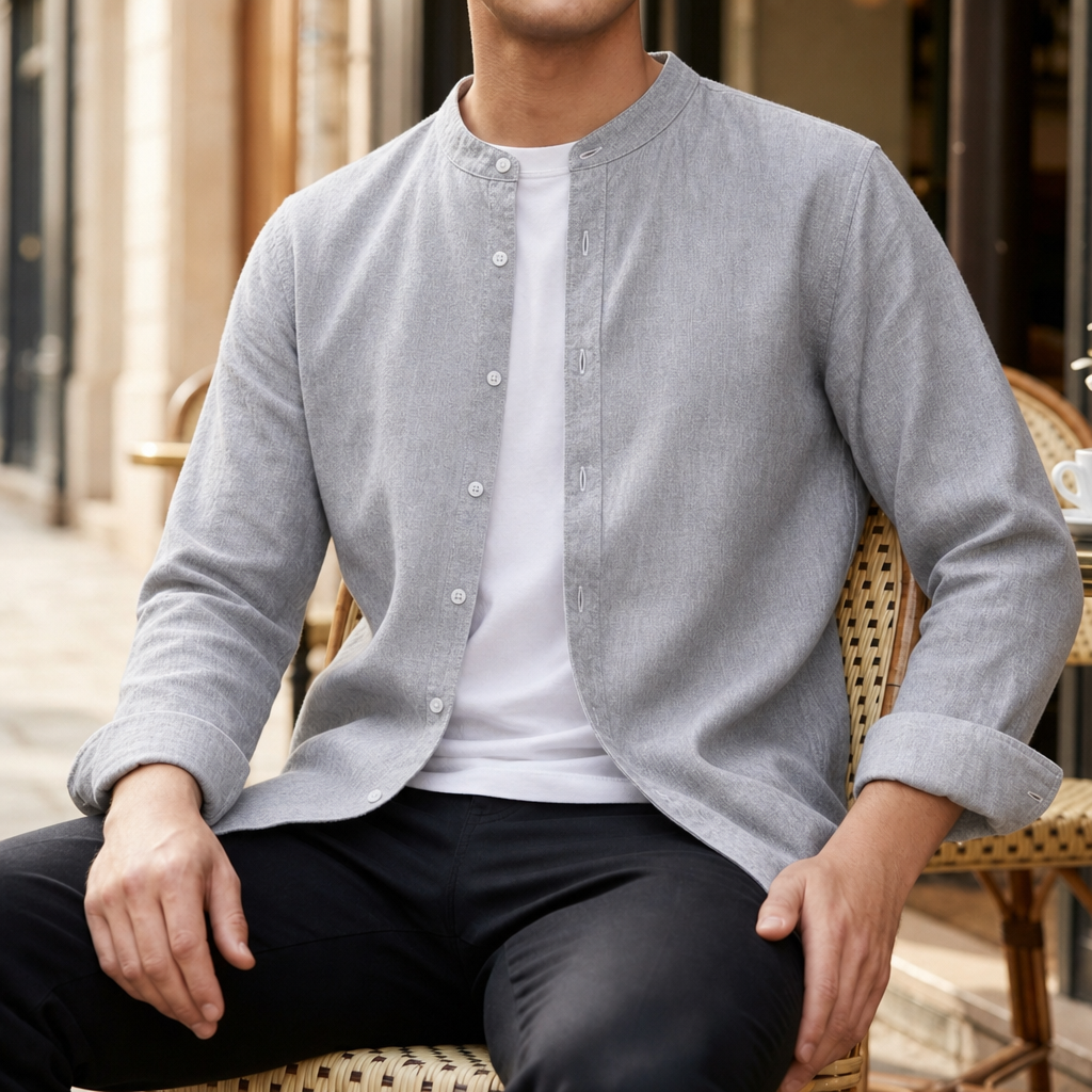 Sesimbra Linen Band Collar Shirt in Gray