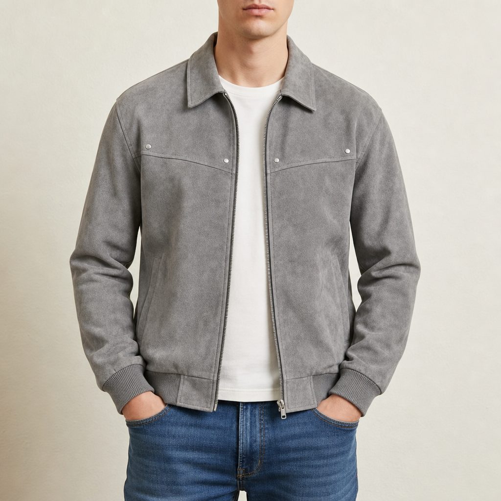 Merano Distressed Leather Bomber in Light Gray