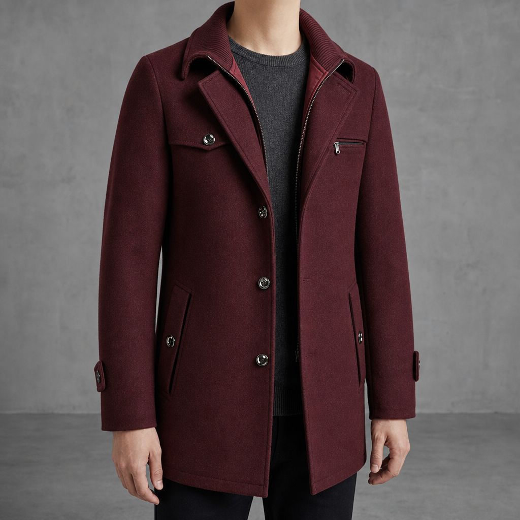 Modica Mid-Length Wool Pea Coat in Maroon