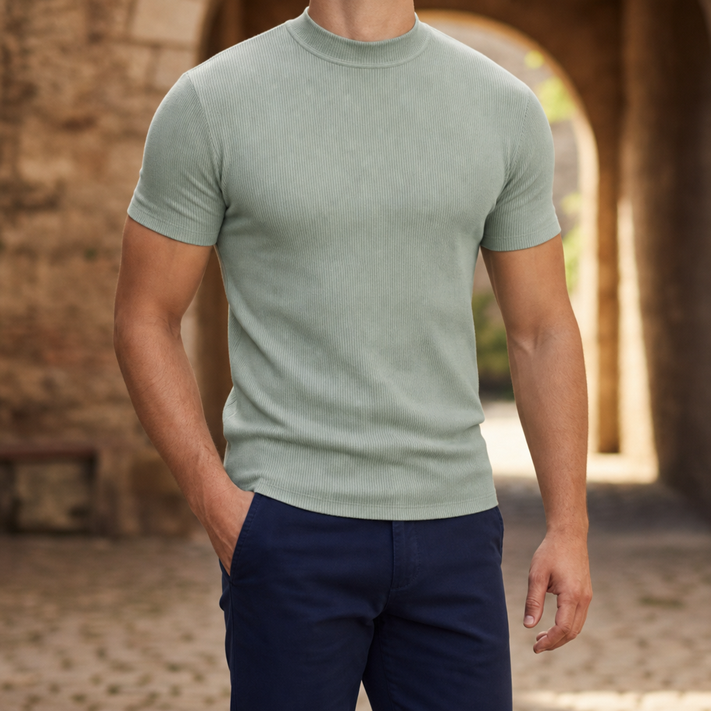 Mijas Ribbed Mock Neck Tee in Mint Green